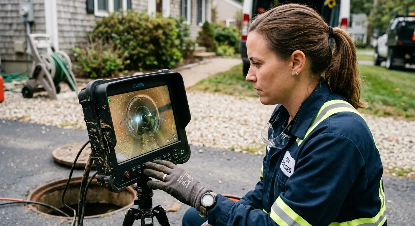 Technician reviewing sewer camera inspection footage in Fairmont