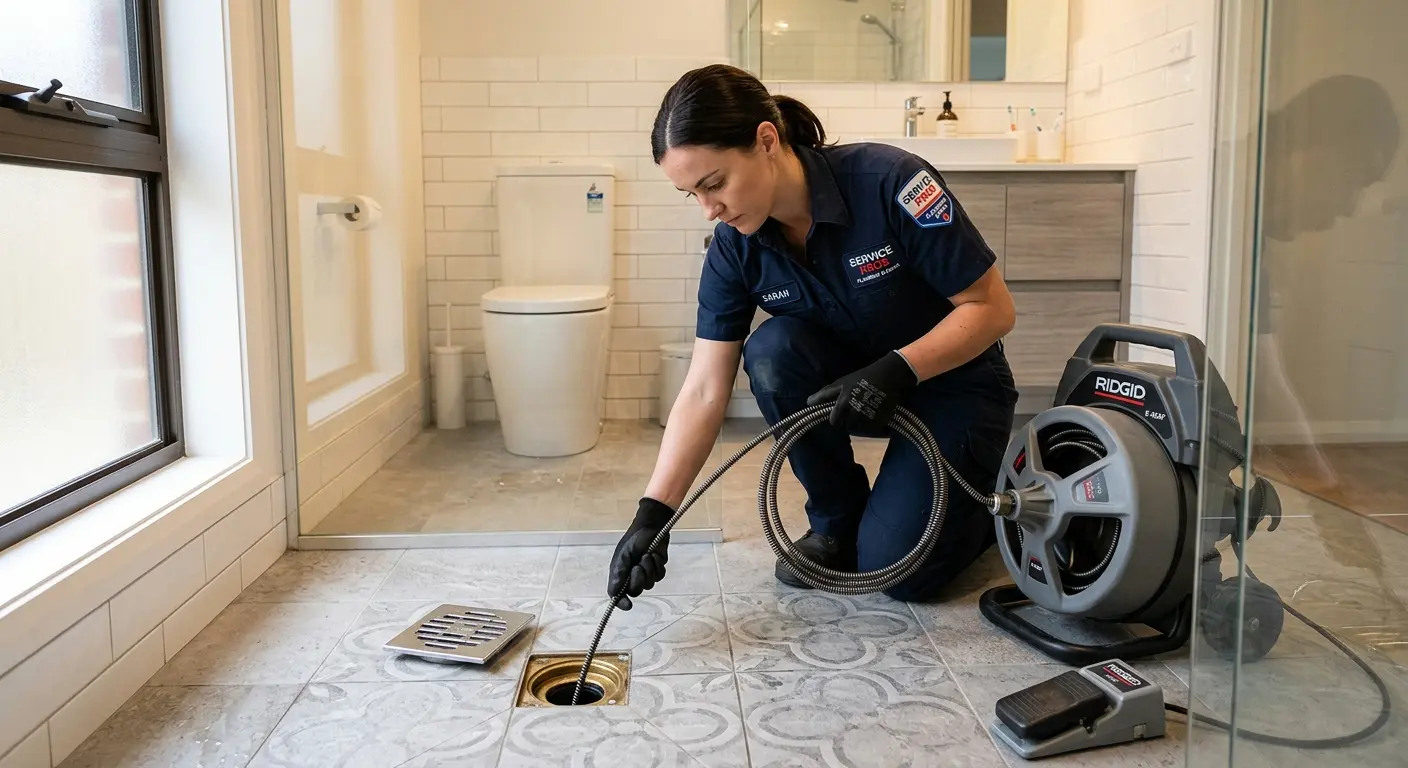 Technician clearing a bathroom floor drain for Drain Repair in Fairmont